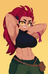  abs ali_(sotcho) armlet belt belt_pouch breasts crop_top dithered_background earrings fangs female green_pants highres jewelry minimilieu muscular muscular_female original pants pixel_art pointy_ears ponytail pouch red_hair slit_pupils smile spiked_hair tank_top yellow_background yellow_eyes 