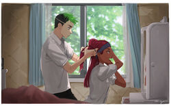  1boy 2gou absurdres alternate_costume apex_legends bad_id bad_tumblr_id black_pants collared_shirt dark-skinned_female dark_skin female green_hair hair_behind_ear highres lifeline_(apex_legends) medium_hair octane_(apex_legends) open_mouth pants red_hair school_uniform shirt signature sweatdrop tying_hair undercut white_shirt window 