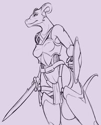  2019 5_fingers anthro argonian armor breasts female fingers hi_res holding_melee_weapon holding_object holding_shield holding_sword holding_weapon horn looking_up lord_magicpants melee_weapon microsoft scalie shield solo sword the_elder_scrolls weapon 