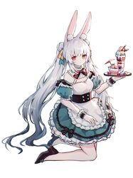  animal_ear_fluff animal_ears apron aqua_dress aqua_ribbon bangs black_footwear bow brown_hair bunny_ears clover_theater cup detached_sleeves double_bun dress female fiore_(clover_theater) full_body hair_ribbon highres holding holding_tray kneeling long_hair looking_at_viewer orange_ribbon parfait red_bow ribbon riinougat shoes short_sleeves solo tray twintails very_long_hair white_apron white_background white_hair wrist_cuffs 