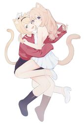  3girls aa_subarashiki_nyansei_(vocaloid) animal_ears black_skirt blonde_hair cat_ears cat_girl chae_ara chibi commentary_request fox_ears green_eyes high_heels highres hug kemonomimi_mode korean_commentary lee_siu looking_at_viewer multiple_girls nijisanji nijisanji_kr on_head person_on_head purple_eyes red_eyes red_sweater skirt smile so_nagi so_nagi_(artist) sweater virtual_youtuber white_footwear white_hair white_skirt yuri 