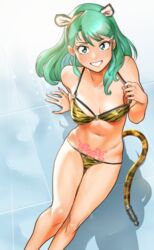  animal_ears animal_print aqua_hair arm_support bikini breasts chinese_zodiac colored_inner_hair commentary_request fake_animal_ears fake_tail female genji_tsuushin_agedama green_eyes green_hair grin hair_ornament hairclip highres kaze_fukeba_nanashi kuki_rei leaning_back long_hair looking_at_viewer medium_breasts micro_bikini multi-strapped_bikini multicolored_hair navel o-ring o-ring_bikini o-ring_top on_floor parted_lips pubic_tattoo sitting smile solo stomach strap_pull string_bikini swept_bangs swimsuit tail tattoo tiger_ears tiger_print tiger_tail year_of_the_tiger 