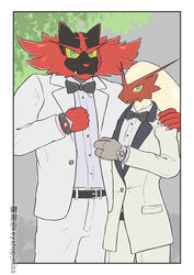  absurd_res anthro biped black_body black_fur blaziken border clothed clothing duo fur generation_3_pokemon generation_7_pokemon hi_res incineroar keyshop_miss looking_at_viewer male nintendo photography pokemon pokemon_(species) red_body red_fur suit tan_body tan_fur wedding white_border yellow_sclera 