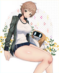  bad_id bad_pixiv_id bag bj_(juusan_kihei_bouei_ken) blue_shorts breasts brown_eyes brown_hair buruma commentary_request covered_nipples female floral_background gym_uniform hair_ornament hairclip handbag heart jacket juusan_kihei_bouei_ken large_breasts looking_at_viewer minami_natsuno robot shirt short_hair short_shorts shorts simple_background sitting sugihara_azuki thighs white_background white_shirt 