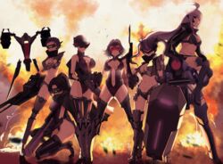  6+girls absurdres ahoge armor assault_rifle bayonet boots breasts cleavage cloak commentary dragoon_(girls&#039;_frontline) explosion expressionless gatling_gun girls&#039;_frontline guard_(girls&#039;_frontline) gun head-mounted_display helmet highres jacket jaeger_(girls&#039;_frontline) large_breasts leotard long_hair looking_at_viewer mecha multiple_girls navel non-humanoid_robot on_one_knee pink-tinted_eyewear ponytail purple-tinted_eyewear purple_hair rifle ripper_(girls&#039;_frontline) robot sangvis_ferri saturndxy scarf scout_(girls&#039;_frontline) shield short_hair striker_(girls&#039;_frontline) submachine_gun thigh_boots thighhighs tinted_eyewear twintails very_long_hair vespid_(girls&#039;_frontline) weapon 