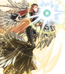  ashera_(fire_emblem) black_dress breasts circlet closed_mouth detached_sleeves dress feather_hair_ornament feather_trim feathers female fingernails fire_emblem fire_emblem:_radiant_dawn fire_emblem_heroes full_body gem gradient_clothes hair_ornament hair_slicked_back highres jewelry kita_senri light_particles long_dress long_hair long_sleeves looking_away magic medium_breasts mermaid_dress non-web_source official_art red_eyes red_hair sleeves_past_wrists solo transparent_background turtleneck wide-eyed wide_sleeves 