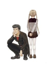  1boy absurdres black_footwear black_hair black_pants black_skirt braid brown_footwear brown_hair commentary_request facing_away female frown gakuran grey_shirt hand_on_own_chin highres juusan_kihei_bouei_ken kisaragi_tomi long_hair ogata_nenji pants pantyhose ponta_(aka_7280) school_uniform serafuku shirt simple_background skirt squatting standing twin_braids twintails very_long_hair white_background white_legwear 