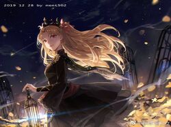  artist_name black_dress black_scarf blonde_hair bow breasts cage chains chinese_commentary closed_mouth clothes_lift commentary dated dress dress_lift dutch_angle earrings ereshkigal_(fate) ereshkigal_(third_ascension)_(fate) fate/grand_order fate_(series) female floating_hair flower from_side fur-trimmed_sleeves fur_trim hairbow half_updo holding holding_cage infinity_symbol jewelry layered_sleeves lens_flare light_smile long_hair long_sleeves looking_at_viewer looking_to_the_side mento night night_sky outdoors parted_bangs petals pink_bow red_eyes scarf shadow shooting_star sidelighting skull_ornament sky small_breasts solo star_(sky) starry_sky tiara two_side_up very_long_hair weibo_logo weibo_watermark wind wind_lift yellow_flower 