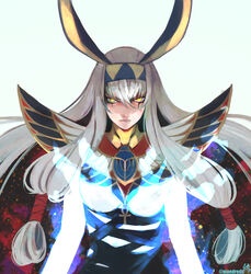  absurdres animal_ears ankh antenna_hair bandages black_bandages breasts colored_inner_hair dark-skinned_female dark_skin earrings facepaint facial_mark fate/grand_order fate_(series) female glowing_skin hairband highres hoop_earrings jackal_ears jewelry long_hair looking_at_viewer medium_breasts moedredd multicolored_hair nitocris_(fate) nitocris_alter_(fate) nitocris_alter_(first_ascension)_(fate) red_hair sidelocks solo usekh_collar very_long_hair white_hair yellow_eyes 