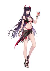  bare_arms bare_shoulders bikini black_bikini black_footwear black_hair breasts cleavage closed_mouth cup demon_horns drinking_glass female full_body gradient_hair hand_up high_heels highres holding horns king&#039;s_raid korean_commentary long_hair looking_at_viewer medium_breasts midriff multicolored_hair navel official_art red_eyes sarong see-through seria_(king&#039;s_raid) simple_background solo standing stomach swimsuit thighs very_long_hair white_background wine_glass 