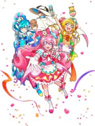  1boy 3girls :d ankle_bow apron arm_up back_bow black_pepper_(precure) blonde_hair blue_bow blue_eyes blue_gloves blue_hair boots bow brooch bun_cover choker closed_mouth cone_hair_bun confetti cure_precious cure_spicy cure_yum-yum delicious_party_precure double_bun drill_hair flower full_body fuwa_kokone gloves grey_hair hair_bun hair_flower hair_ornament hair_rings hairbow hanamichi_ran hand_on_own_hip hat heart heart_brooch highres holding holding_wand huge_bow jewelry knee_boots kneehighs kome-kome_(precure) legs_apart long_hair looking_at_viewer magical_girl mask mem-mem_(precure) multicolored_clothes multicolored_hair multicolored_skirt multiple_girls nagomi_yui official_art open_mouth outstretched_hand pam-pam_(precure) pink_bow pink_choker pink_hair precure purple_bow purple_eyes red_eyes red_legwear ribbon shinada_takumi skirt smile socks standing striped transparent_background twin_drills two-tone_hair two_side_up vertical_stripes wand white_apron white_footwear white_gloves white_headwear yufu_kyouko 