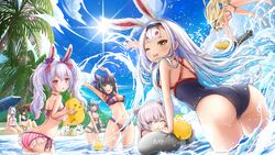  6+girls absurdres albacore_(azur_lane) alternate_costume animal_ears ark_royal_(azur_lane) ark_royal_(coast_watcher)_(azur_lane) ass azur_lane beach beach_umbrella bikini black_hair blue_eyes blue_hair blush breasts butt_crack camera cannon cheshire_(azur_lane) cheshire_(summery_date!)_(azur_lane) cleavage_cutout clothing_cutout comodomodo day dido_(azur_lane) english_commentary english_text fake_animal_ears frilled_bikini frills fubuki_(azur_lane) goggles goggles_on_head highres hikimayu laffey_(azur_lane) large_breasts le_malin_(azur_lane) light_purple_hair long_hair looking_at_another looking_at_viewer manjuu_(azur_lane) medium_breasts meowfficer_(azur_lane) multiple_girls navel ocean official_alternate_costume one-piece_swimsuit one_eye_closed open_mouth outdoors palm_tree partially_submerged pink_eyes rabbit_ears rigging sand sand_castle sand_sculpture shimakaze_(azur_lane) short_hair side-tie_bikini_bottom sidelocks sitting small_breasts smile standing stomach sun sunlight swimsuit torpedo tree twintails umbrella very_long_hair wading water waves yellow_eyes 