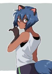  2020 anthro black_hair black_nose blue_body blue_eyes blue_hair brand_new_animal brown_body brown_fur canid canine clothed clothing facial_markings female fluffy fluffy_tail fur gloves_(marking) hair head_markings looking_at_viewer looking_back mammal markings mask_(marking) michiru_kagemori multicolored_body multicolored_fur multicolored_hair raccoon_dog shinno shirt short_hair solo studio_trigger tail tank_top tanuki topwear 