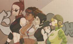  5girls bis_(jsr) black_hair blonde_hair blowing_bubbles breasts brown_hair chewing_gum cleavage clenched_teeth crop_top cube_(jsr) dark-skinned_female dark_skin eyepatch fur_collar goggles goggles_on_head graffiti gum_(jsr) headphones height_difference jet_set_radio large_breasts love_shockers medium_breasts midriff multiple_girls navel piranha_(jsr) red_hair short_hair teeth tyrone 