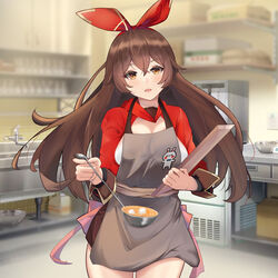  absurdres akiba(misaki) amber_(genshin_impact) apron blush brown_eyes brown_hair female genshin_impact hair_ornament highres ladle long_hair looking_at_viewer open_mouth solo 