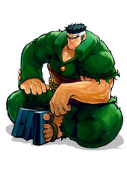  1boy absurdres belt brown_eyes closed_mouth collarbone dark_green_hair fingernails frown green_hair headband highres isurugi_gan justice_gakuen kim_sung_hwan male_focus muscular muscular_male rope_belt simple_background sitting solo toenails torn_clothes veins white_background 