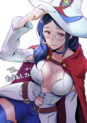  belt blue_choker blue_hair blue_legwear blue_skirt blush breasts brown_belt cape choker cleavage female glasses hand_on_headwear hand_up hat large_breasts little_witch_academia long_hair looking_at_viewer navel negom red_cape red_eyes shiny_chariot simple_background skirt smile solo spoilers thighhighs ursula_charistes white_background witch_hat 