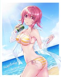  ass beach bikini blue_sky border breasts can chaos;child cleavage collarbone cowboy_shot day drinking_straw dutch_angle female hair_between_eyes halterneck happy_birthday highres holding holding_can looking_at_viewer medium_breasts medium_hair nishijou_myu ocean onoe_serika open_clothes open_shirt outdoors pink_hair red_eyes ribbon shirt side-tie_bikini_bottom sideboob sky solo standing straight_hair string_bikini striped_bikini striped_clothes sunlight swimsuit tongue tongue_out twisted_torso white_border white_ribbon white_shirt yellow_bikini 