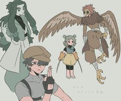  3boys animal_feet bad_id bad_twitter_id bird_legs bird_tail bird_wings black_gloves black_hair brown_hair brown_headwear brown_wings character_request feathered_wings female fingerless_gloves full_body geshao_(the_legend_of_luoxiaohei) gloves green_hair hair_over_one_eye harpy_boy horns long_hair longyan_(the_legend_of_luoxiaohei) luo_xiaohei_zhanji mask monster_boy multiple_boys open_mouth orange_gloves sirakaro tail wings 