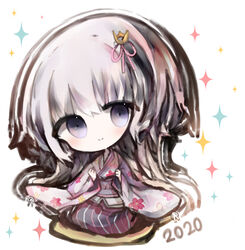  2020 bad_id bad_pixiv_id black_hakama blush closed_mouth commentary_request cottontailtokki crown female floral_print grey_hair hair_between_eyes hair_ribbon hakama hakama_skirt japanese_clothes kimono long_hair long_sleeves mini_crown obi pink_ribbon print_kimono purple_eyes ribbon sash seiza shadowverse shingeki_no_bahamut sitting skirt smile solo sparkle spinaria_(shadowverse) tilted_headwear very_long_hair white_kimono wide_sleeves 