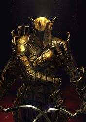  1boy armor black_background breastplate cowboy_shot dark_souls_(series) dark_souls_i dual_wielding facing_viewer faulds full_armor gauntlets gold_armor helmet highres holding holding_weapon knight knight_lautrec_of_carim light_particles male_focus mrpk pauldrons red_background shotel shoulder_armor signature solo standing sword two-tone_background weapon 