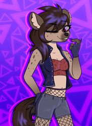  anthro bottomwear brown_hair clothing digital_media_(artwork) female fishnet_clothing gloves hair handwear helena_(bonk6) hyena jacket koapony mammal markings shorts solo spots spotted_body topwear triangle_(shape) 