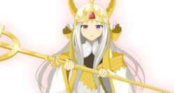  blush commentary_request cone_hair_bun crosier crown female gem hair_bun heterochromia holding holding_staff long_hair long_sleeves looking_at_viewer mitya open_mouth pope_(ragnarok_online) purple_eyes ragnarok_online red_eyes solo staff upper_body white_background white_hair wide_sleeves 