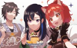  1boy 2girls 2gou bad_id bad_tumblr_id black_choker black_gloves blue_hair breasts choker cleavage cleavage_cutout closed_eyes clothing_cutout crazy_raccoon food gloves grey_sweater head_tilt highres ichinose_uruha ichinose_uruha_(2nd_costume) kinako_(crazy_raccoon) looking_down lupinus_virtual_games medium_breasts multicolored_hair multiple_girls nijisanji oerba_yun_fang partially_translated pink_hair pudding purple_eyes ratna_petit ratna_petit_(1st_costume) red_panda_ears red_panda_girl skin_fang smile sparkle streaked_hair sweater translation_request virtual_youtuber vspo! white_background 