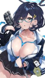  absurdres aqua-framed_eyewear assault_rifle between_breasts black_skirt blue_archive blue_cardigan blue_hair blue_necktie breasts cardigan charm_(object) chihiro_(blue_archive) cleavage collarbone commentary_request dx_(xxer4838) female from_above glasses grey_eyes gun h&amp;k_hk416 hair_between_eyes hair_ornament halo highres holding holding_gun holding_weapon id_card jacket lanyard large_breasts long_sleeves looking_at_viewer multicolored_clothes multicolored_jacket necktie necktie_between_breasts open_clothes open_mouth over_shoulder partial_commentary partially_unbuttoned pleated_skirt rabbit_hair_ornament rifle semi-rimless_eyewear shirt short_hair sidelocks simple_background sitting skirt solo swept_bangs two-tone_jacket under-rim_eyewear watch weapon weapon_over_shoulder white_background white_shirt wristwatch 