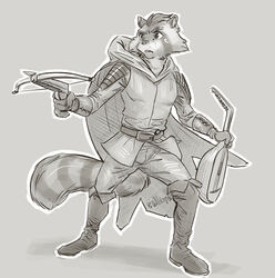  2020 anthro bard belt biped boots bottomwear cloak clothed clothing crossbow digital_media_(artwork) eyebrows footwear front_view full-length_portrait fully_clothed grey_background greyscale hair holding_musical_instrument holding_object holding_weapon lion21 lute male mammal markings monochrome musical_instrument pants plucked_string_instrument portrait procyonid raccoon ranged_weapon ring_(marking) ringed_tail short_hair simple_background solo standing string_instrument striped_markings striped_tail stripes tail tail_markings weapon 