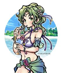  artist_name bikini blue_sky bracelet circlet drink fire_emblem fire_emblem:_the_sacred_stones fire_emblem_heroes flower food fruit green_eyes green_hair hair_flower hair_ornament jewelry l&#039;arachel_(fire_emblem) ocean orange_(fruit) orange_slice shoulder_blush sky swimsuit thaumana white_background 