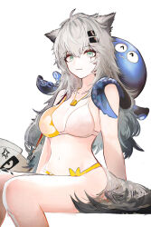  animal_ear_fluff animal_ears arknights bare_shoulders bikini breasts cleavage closed_mouth female grey_eyes grey_hair hair_between_eyes hair_ornament hairclip highres jewelry lappland_(arknights) large_breasts long_hair looking_at_viewer navel necklace octopus official_alternate_costume revision runamonet scar scar_across_eye scar_on_face simple_background sitting smile swimsuit tail white_background wolf_ears wolf_tail yellow_bikini 