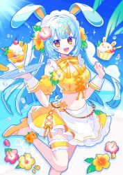  animal-themed_food animal_ears apron arm_cuffs beach blue_hair blue_sky bow commentary crop_top female flower food foot_out_of_frame hair_flower hair_ornament hibiscus highres holding holding_tray ice_cream long_hair looking_at_viewer maid_headdress mango ocean open_mouth original parfait pink_flower rabbit_ears saijo1201 shirt signature skirt sky smile solo sparkle standing standing_on_one_leg stomach summer thigh_strap tray tree waist_apron white_apron white_wrist_cuffs wrist_cuffs yellow_bow yellow_eyes yellow_flower yellow_shirt yellow_skirt 