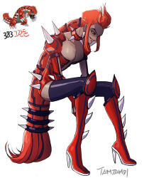  black_sclera black_thighhighs boots breasts choker collarbone colored_sclera commentary dark-skinned_female dark_skin female full_body groudon high_heel_boots high_heels invisible_chair large_breasts leotard long_hair looking_at_viewer personification pokemon pokemon_(creature) ponytail red_footwear red_hair red_leotard red_lips reference_inset sharp_teeth shoulder_spikes signature simple_background sitting spiked_choker spikes tamtamdi teeth thighhighs translated very_long_hair white_background yellow_eyes 