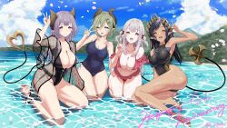  4girls alternate_costume anniversary barefoot beach bikini black_hair black_one-piece_swimsuit blue_eyes blue_sky breasts brown_horns caustics cleavage cloud commentary_request dark-skinned_female dark_skin day demon_girl demon_horns demon_tail double_bun frilled_bikini frills full_body green_hair grey_hair hair_bun heterochromia highres horns indie_virtual_youtuber large_breasts long_hair looking_at_viewer medium_bangs mole mole_under_mouth multiple_girls nanashi_inc. ocean one-piece_swimsuit open_mouth orange_eyes outdoors petals pink_bikini pointy_ears purple_eyes purple_hair ryokuoushoku_hitode saionji_mary seiza sekishiro_mico shimamura_charlotte sidelocks sitting sky smile suou_patra swimsuit tail tan turtleneck turtleneck_one-piece_swimsuit v virtual_youtuber wariza water yellow_eyes 