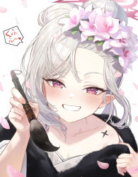  :d absurdres blue_archive blush breasts calligraphy_brush cherry_blossoms cleavage collarbone cp_(tlstjdghek) female flower forehead fur_scarf grin hair_between_eyes hair_bun hair_flower hair_ornament halo heart highres holding holding_brush holding_calligraphy_brush holding_paintbrush japanese_clothes kimono long_hair long_sleeves looking_at_viewer mesugaki mutsuki_(blue_archive) mutsuki_(new_year)_(blue_archive) off_shoulder official_alternate_costume open_mouth paintbrush petals pink_eyes pink_flower pointy_ears purple_eyes simple_background single_hair_bun smile solo teeth upper_body white_background white_hair white_kimono 