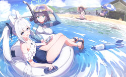  animal_ears bare_shoulders beach beach_umbrella bikini black_hair blue_archive blue_eyes blue_halo blue_hoodie blue_one-piece_swimsuit blue_sky bow braid breasts brown_hair casual_one-piece_swimsuit cloud covered_navel cropped_hoodie day fake_animal_ears frilled_one-piece_swimsuit frills green_halo halo hamanashi_(trapiorra) hat highres holding holding_phone hood hoodie inflatable_torpedo jacket large_breasts leaf leaf_on_head leaf_print long_hair long_sleeves looking_at_viewer miyako_(blue_archive) miyako_(swimsuit)_(blue_archive) miyu_(blue_archive) miyu_(swimsuit)_(blue_archive) moe_(blue_archive) moe_(swimsuit)_(blue_archive) monofin multiple_girls ocean off-shoulder_one-piece_swimsuit off_shoulder official_alternate_costume one-piece_swimsuit outdoors phone ponytail purple_eyes rabbit_ears rabbit_platoon_(blue_archive) raglan_sleeves rash_guard red_eyes round_eyewear saki_(blue_archive) saki_(swimsuit)_(blue_archive) short_hair sitting sky small_breasts smile stomach straw_hat swimsuit twin_braids umbrella very_long_hair water white_bikini white_hair yellow_halo 