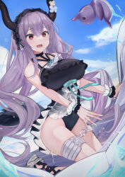  absurdres aqua_ribbon arknights black_hairband black_horns black_one-piece_swimsuit blue_flower blush commentary day female flower frilled_hairband frilled_one-piece_swimsuit frills full_body hair_between_eyes hairband highleg highleg_one-piece_swimsuit highres horns kyuu_(q_des9) long_hair oerba_yun_fang official_alternate_costume one-piece_swimsuit open_mouth outdoors pink_eyes purple_hair ribbon skin_fang solo surprised swimsuit typhon_(arknights) typhon_(temperature_difference)_(arknights) very_long_hair water wrist_cuffs 