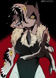  body_horror brown_eyes chest_spike colored_sclera dress extra_eyes extra_mouth female fingernails fur-trimmed_dress fur_trim goat_horns hair_between_eyes highres horizontal_pupils horns monster_girl open_mouth original reaching reaching_towards_viewer scar scar_on_neck shaded_face sharp_fingernails sharp_teeth solo sung08ko teeth yellow_eyes yellow_sclera 