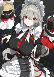  alexandrina_sebastiane black_shirt breasts closed_mouth commentary_request female gloves grey_hair highres kfr large_breasts looking_at_viewer maid maid_headdress partially_fingerless_gloves red_eyes shirt smile solo zenless_zone_zero 