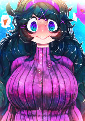  @_@ alternate_costume black_hair blue_background blue_eyes blush breasts cloth colored_sclera curly_hair facing_viewer female food gengar grin hair_ornament hairband hairclip hairpin hakkasame hex_maniac_(pokemon) holding holding_cloth huge_breasts ice_cream ice_cream_cone large_breasts long_hair long_sleeves looking_at_viewer napkin pokemon pokemon_(creature) pokemon_xy purple_eyes purple_hairband purple_sweater red_sclera ribbed_sweater ringed_eyes smile solo_focus straight-on sweat sweatdrop sweater teeth thinking thought_bubble turtleneck turtleneck_sweater two-tone_eyes upper_body very_long_hair waffle_cone wavy_mouth wide-eyed x_hair_ornament 