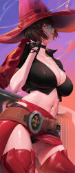  absurdres belt black_hair black_panties black_shirt breasts choker cleavage collarbone crop_top female gradient_sky green-tinted_eyewear green_eyes guilty_gear guilty_gear_strive hat highres i-no jacket large_breasts looking_up midriff navel panties purple_sky red_hat red_jacket red_thighhighs rororo shirt short_hair short_sleeves sky smile solo sunglasses thighhighs thighs tinted_eyewear underwear unworn_jacket witch_hat 