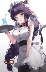  alternate_costume animal_ears apron apron_hold berry_&amp;_mint_burst_(genshin_impact) black_dress blunt_bangs braid breasts cat_ears cat_girl cat_tail chanpower233 commentary dress drinking_straw enmaided female frilled_apron frills genshin_impact gloves hair_ornament hand_up highres holding holding_tray light_blush long_hair looking_at_viewer maid maid_headdress medium_breasts parted_bangs purple_eyes purple_hair raiden_shogun solo tail tray very_long_hair white_apron white_background white_gloves 