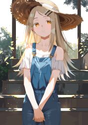  blonde_hair blue_overalls brown_hat collarbone female gakuen_idolmaster hat highres idolmaster long_hair minertime orange_eyes outdoors overalls parted_lips shinosawa_hiro smile solo straw_hat 