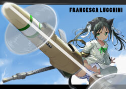  black_hair blue_sky cat_girl character_name cloud collared_shirt dark-skinned_female dark_skin dress_shirt female francesca_lucchini green_eyes grin gun hair_ribbon highres long_hair machine_gun military_uniform panties ribbon shirt sky smile solo strike_witches striker_unit striped_clothes striped_panties twintails underwear uniform weapon white_shirt world_witches_series yashin_(yasinz) 