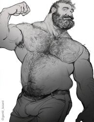  1boy abs bara beard belly biceps bulge captain_archibald_haddock chest_hair_peek cowboy_shot denim facial_hair flexing full_beard gentil_lezard gradient_beard greyscale hairy jeans large_pectorals looking_at_viewer male_focus mature_male monochrome muscular muscular_male navel navel_hair nipples old old_man pants pectorals plump receding_hairline short_hair solo standing stomach thick_arm_hair thick_beard thick_eyebrows thick_navel_hair tintin topless_male very_hairy 