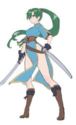  absurdres blue_dress boots breasts brown_footwear dress earrings female fingerless_gloves fire_emblem fire_emblem:_the_blazing_blade gloves green_eyes green_hair grimmelsdathird high_ponytail highres holding holding_sword holding_weapon jewelry large_breasts leather leather_boots long_hair looking_to_the_side lyn_(fire_emblem) pelvic_curtain ponytail side_slit solo sword weapon 