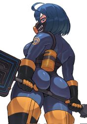  ass back black_footwear black_gloves blu_pyro_(tf2) blue_bodysuit blue_eyes blue_hair bob_cut bodysuit boots breasts commission female from_below gas_mask gloves highres holding large_breasts latex latex_bodysuit looking_at_viewer looking_back mask pyro_(tf2) short_hair simple_background solo team_fortress_2 thigh_boots wersman white_background 