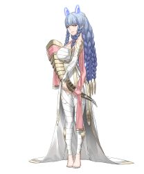  bandages barefoot braid braided_sidelock breasts bright_pupils cleavage female fire_emblem fire_emblem_heroes goat_girl heidrun_(fire_emblem) highres kozaki_yuusuke large_breasts long_braid looking_at_viewer multiple_braids non-web_source pink_eyes severed_horn solo tachi-e white_background white_pupils worried 