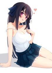  :p absurdres ao_no_kanata_no_four_rhythm arm_support bare_arms bare_shoulders black_hair blue_ribbon blue_skirt blush breasts cleavage closed_mouth collarbone commentary cowboy_shot eyelashes eyes_visible_through_hair female frilled_skirt frills hair_between_eyes hair_ribbon hashtag-only_commentary heart highres large_breasts long_hair looking_at_viewer miniskirt pleated_skirt pororo_(r_pororo) purple_eyes ribbon school_uniform shirt simple_background sitting skirt sleeveless sleeveless_shirt solo spaghetti_strap straight_hair strap_slip thighs tobisawa_misaki tongue tongue_out translated very_long_hair white_background white_shirt yokozuwari 